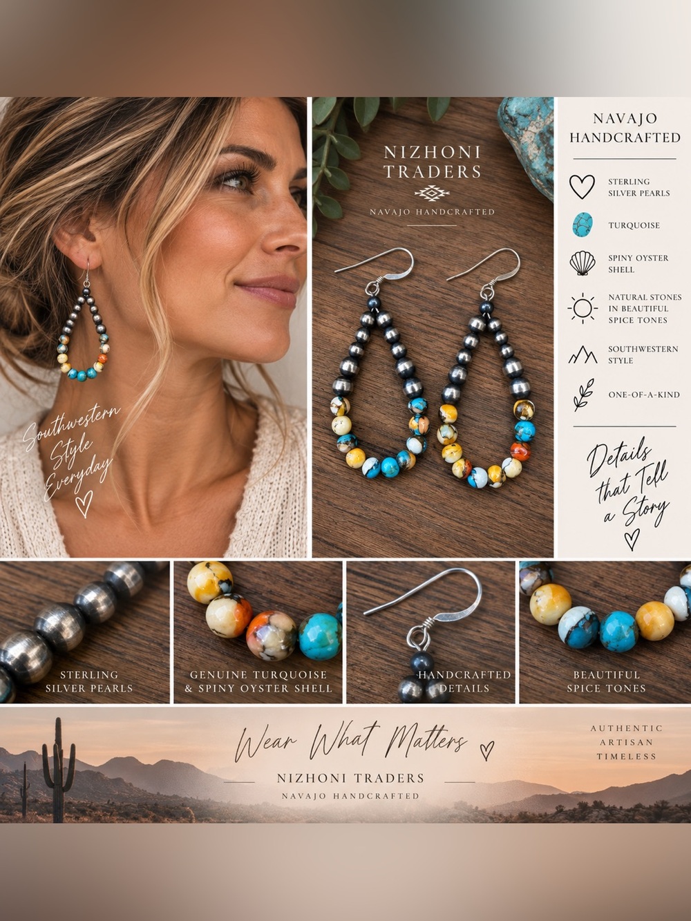 Nizhoni Traders Navajo Sterling Silver Pearl Turquoise Spiny Oyster Spice Beaded